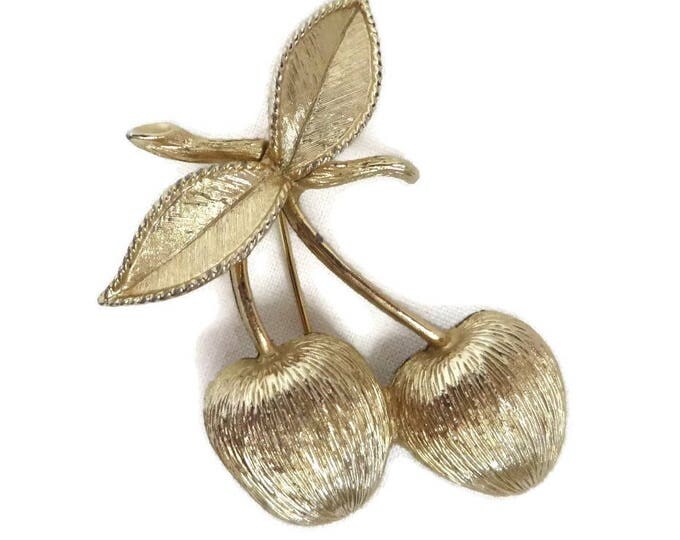 Sarah Coventry Cherries Brooch, Vintage Gold Tone Fruit Pin, 1960s Jewelry