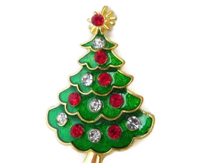 Vintage Brooch - Christmas Tree Brooch, Rhinestone Xmas Brooch, Gold Tone Holiday Pin