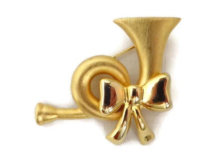 Vintage Christmas Horn Brooch, Golden Bow & Horn Holiday Pin, Gift for Her