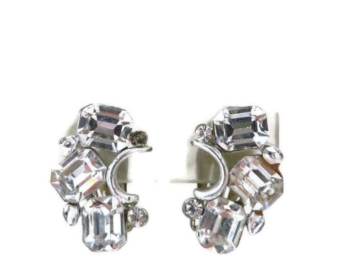 Lisner Rhinestone Earrings, Vintage Rhinestone Silver Tone Curved Clip-ons, Bridal Jewelry, Gift for Her