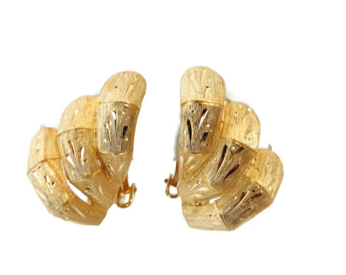 Kramer Diamond-Etched Earrings, Gold Tone Clip-on Earrings, Signed Designer Jewelry