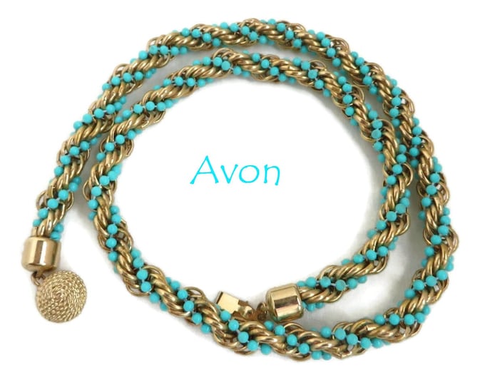 AVON Necklace - Vintage Turquoise & Gold Bead Rope Twist Necklace, Valentine's Day Gift, Gift Boxed