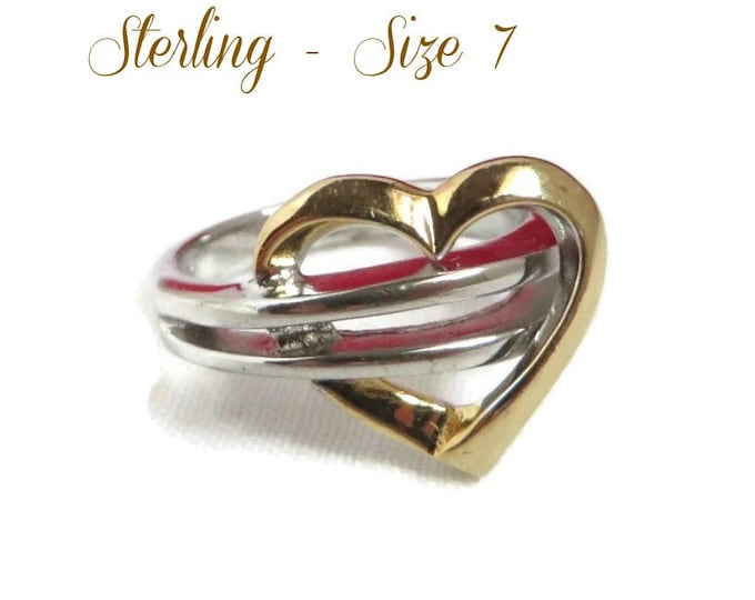 Sterling Silver Heart Ring, Vintage Two Tone Silver Ring Size 6.75-7, Valentine's Day Gift