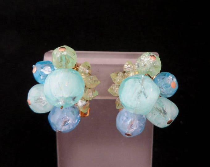 Carnegie Cluster Bead Earrings - Vintage Pastel Lucite Beaded Clip-on Earrings, Gift for Her