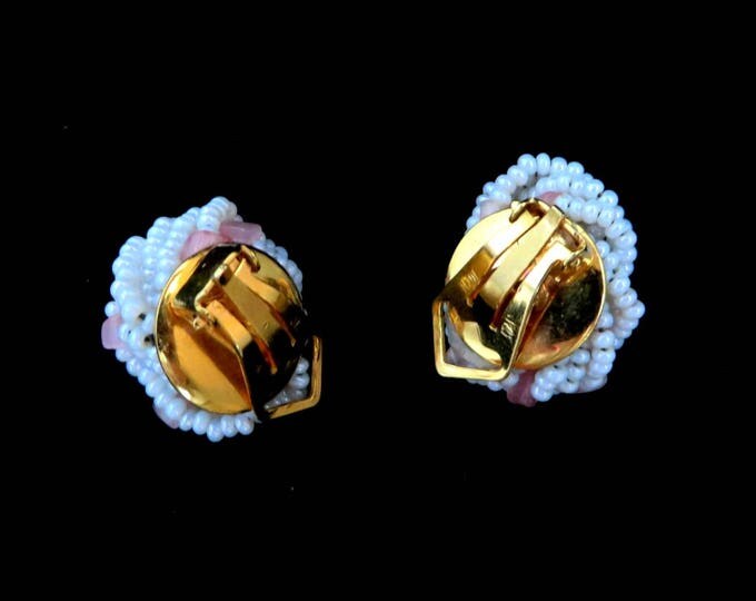 Italian White Bead Earrings - Vintage White & Pink Beaded Clip-on Earrings, Made in Italy, Gift for Her, Gift Boxed