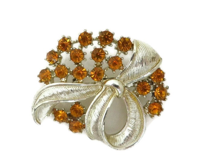 Vintage Orange Rhinestone Flower Brooch, Goldtone Bow Pin, 1960s Jewelry, Mid Century Brooch, Gift For Her