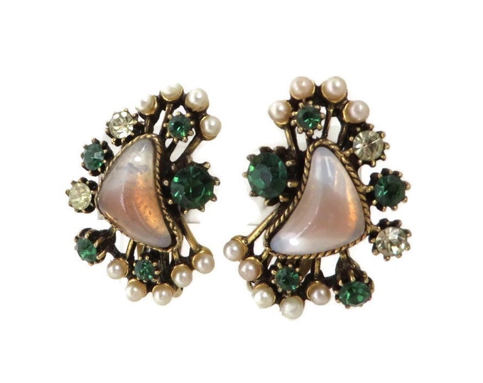 Vintage Florenza Earrings, Green & White Rhinestones, Faux Pearls, Opal Lucite Cabochons, 1960s Designer Clip-ons