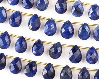 Gemstone Briolette Beads - Sapphire - Faceted Hand Cut - Grade AA Quality - 7x10mm - Top Drilled Horizontal 1mm - 02 pieces per order
