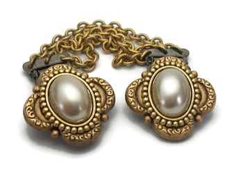 Vintage Sweater Clips - Faux Pearl Cabochon Gold Tone Sweater Guard - Dress Cinch Clips - Elegant Collar Clips