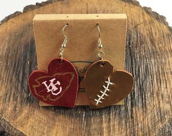 Chiefs Leather Football Earrings, Chiefts Leather Heart Football Earrings, Leather Football Earrings, Football Earrings, Chiefs Earrings