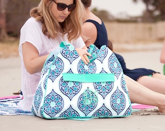 Monogram Beach Bag Boho Pattern monogram included add on matching towel and zipper pouch and cooler too