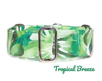 Tropical Green Martingale Dog Collar, Green Palm Leaves Modern Dog Collar, Wide Brass or Nickel in 1" to 2 Inch Options, Custom Sizes