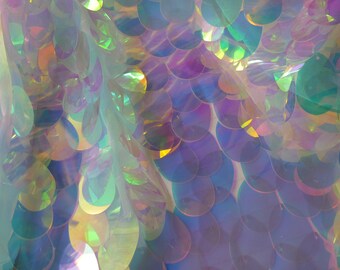 New!!1Yard Iridescent Jumbo Sequin Fabric,Dangling Drop Sequin Tear Drop sequin Fabric,Mermaid Sequin Fabric,Big Sequin on Pink Mesh Fabric