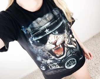 Angry Biker Cat Tshirt Faded and Worn Print Tee Motorcycle Devil Horn Hand Sign Tiger Teeth Rock Band 90s Vintage