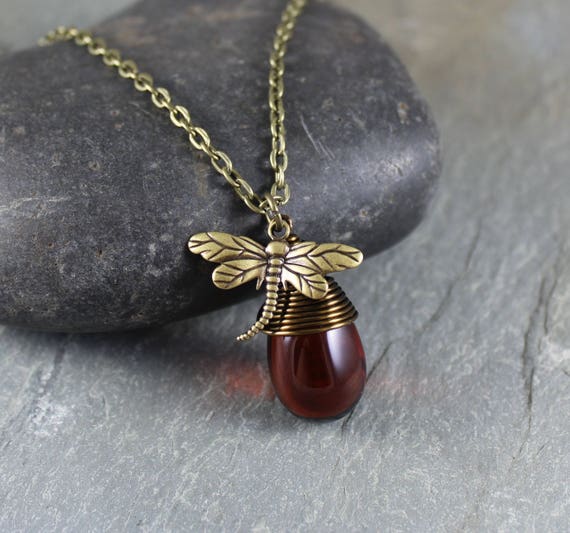 Dragonfly and Amber ~ Wire Wrapped Dark Amber Briolette Charm Necklace ~ Outlander inspired