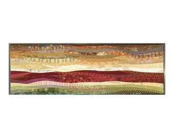 Modern landscape quilt. Desert scene. Mounted hanging. 12x36" Modern textile art. Abstract fiber art. Original home decor. Desert scene.