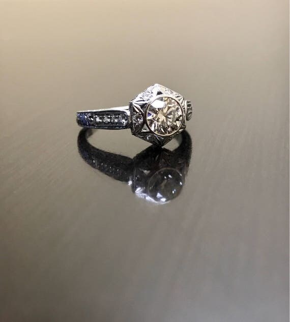 Platinum Diamond Engagement Ring Art Deco Engraved Platinum
