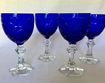Vintage Cobalt Crystal Wine Goblets Set of Four