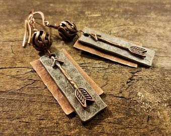 Mixed Metal Earrings, Rustic Earrings, Arrow Earrings, Southwestern Earrings