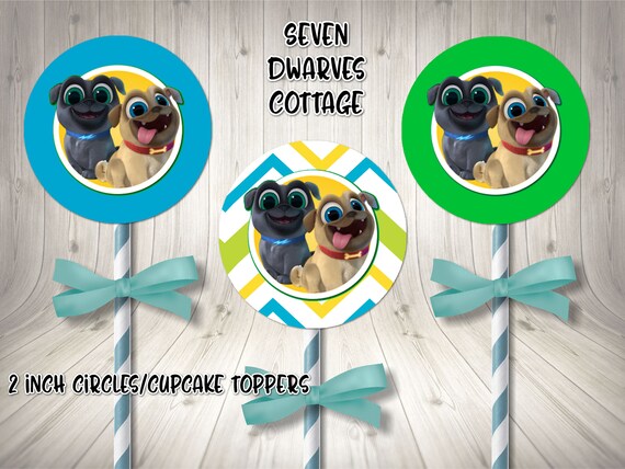 Puppy Dog Pals Birthday 2 inch cupcake toppers bottle cap