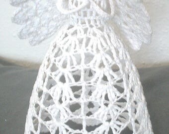 VTG Delicate Stiff Crochet 7 1/2 In Tall Angel Winter White Ornament Tree Topper Package Topper Handmade Hand Crochet Christmas Holiday Noel