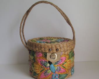 60's Mantessa woven straw with Raffia embroided butterflies and flowers hat box style top handle Novelty purse