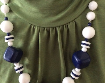 Vintage Chunky Navy Blue and White Beaded Necklace