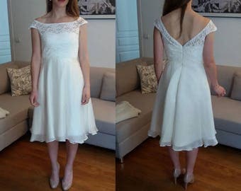 Short wedding dress/ Short lace chiffon wedding dress/ slash neck/ knee length wedding dress/ reception dress/ Robe de mariée civile courte