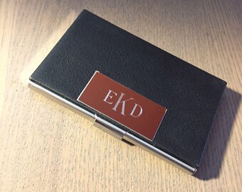 Personalized Business Card Holder, Leather Stainless Steel Business Card Case, Custom Engraved Business Card Holder, Gift for Him • V612B