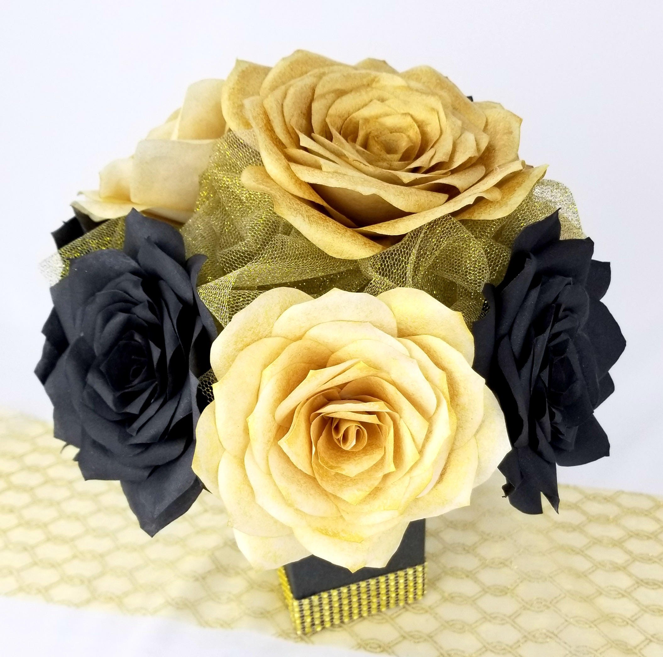 Gold and black floral centerpiece Paper flower table decor