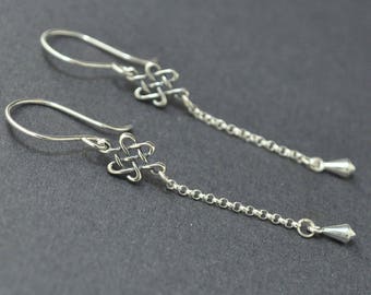 Sterling Silver Dangle Earrings, Silver Chain Earrings, Silver Tear drop, Celtic Knot,