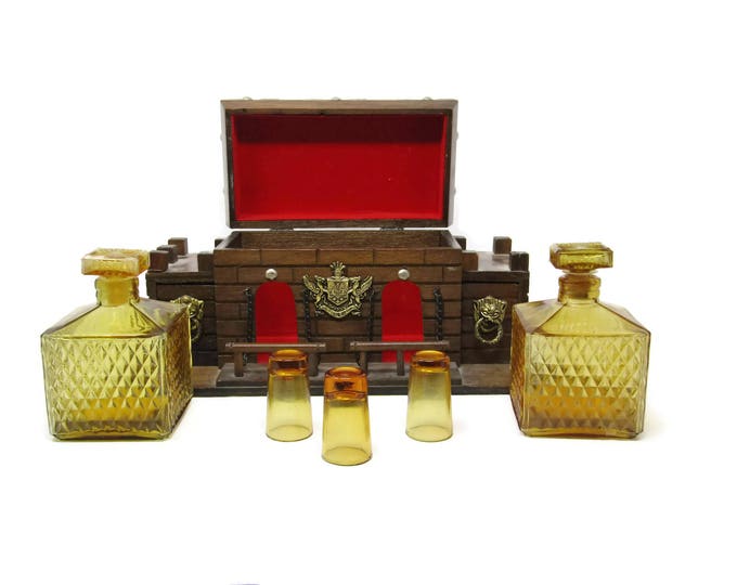 Vintage Castle Bar Set with 2 Amber Glass Decanters and Shot Glasses by S. Sper Bijou - Brown Wooden Medieval MCM Mid Century Barware Mom