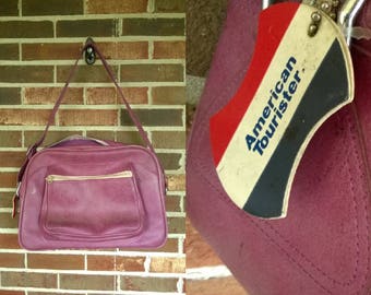 1970s Purple American Tourister Carry On with Luggage Tag