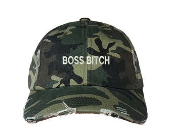 BOSS B*TCH Distressed Dad Hat, Embroidered "Boss B*tch" Girl Boss Hat, Low Profile Like-A-Boss Boss Babe Baseball Cap Hat, Camo Green