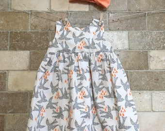 Baby girl dress. Cotton girl dress. Bird print dress with turban headband. Gray peach white dress. summer cotton dress. Fly by day dress.