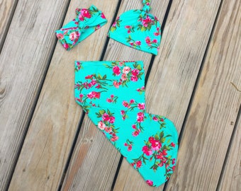 Baby cocoon, mint floral swaddle, baby girl sack, newborn sleeping sack, shower gift, blanket, photo prop, hospital sleeping swaddle sack