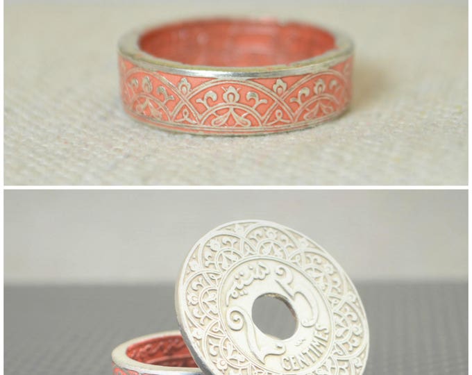 Moroccan Coin Ring, Dusty Rose Coin Ring, Stained Glass Ring, Dusty Rose Ring, Coin Art, Morocco, Silver Coin Ring, Moroccan Art, Boho Ring