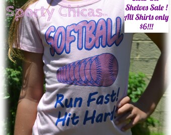 Softball Shirt, Girls Softball Shirt, Softball Bling Shirt w/Run Fast! HIt Hard!, Softball Gift, Softball Mom, Softball Girl, Kids Softball