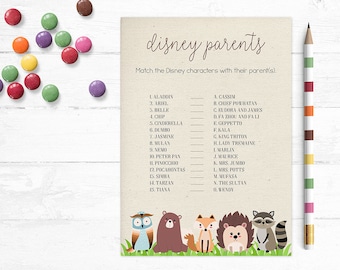 Printable Woodland Baby Shower Game, Disney Parents Game, Disney Babies, Match the Character, Quiz, Spring, Woodland, MB200