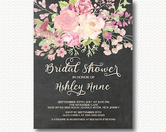 Pink Flowers Bridal Shower Invitation, Flowers, Floral, Chic, Modern, Typography, Digital, Printable, Pink, Watercolor, Chalkboard, wedding