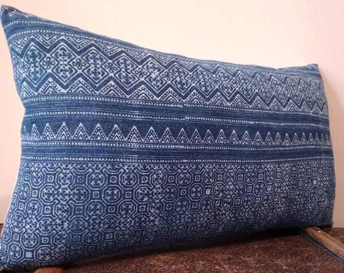 Incredible Hmong Handspun Indigo Batik Pillow Cover, Boho Navy Blue Hand Dyed Cotton Throw Pillow, Hill Tribe Ethnic Lumbar Pillow Case