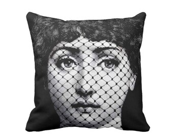 Fornasetti Face with Fishnet Throw Pillow, Modern Black and White Print 16 or 20" Square OUTDOOR or INDOOR Pillows