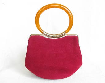 Vintage 1940s Handbag Maroon Velour with Circular Lucite Handle MORRIS MOSKOWITZ