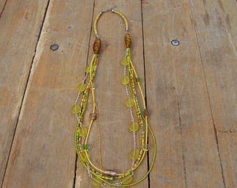 necklace, MULTISTRAND, yellow, seed beads and chains
