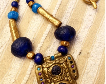 Medieval-Viking pendant necklace ultramarine blue and gold.