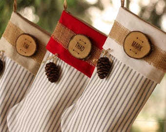 Personalized Christmas Stocking Personalized Wood Slice Name Tag Cone Rustic Woodland Christmas Plaid Flannel Christmas Stocking Burlap