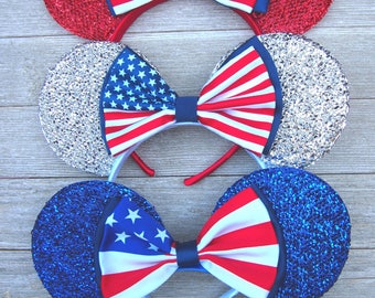Minnie Mouse Ears - 4th of July Shimmer Silver American Flag Bow Red, White & Blue Headband Rockabilly 50's Pin Up Mickey US Fireworks