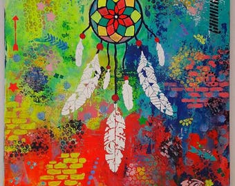 Art contemporain, attrape rêves, acrylique sur toile