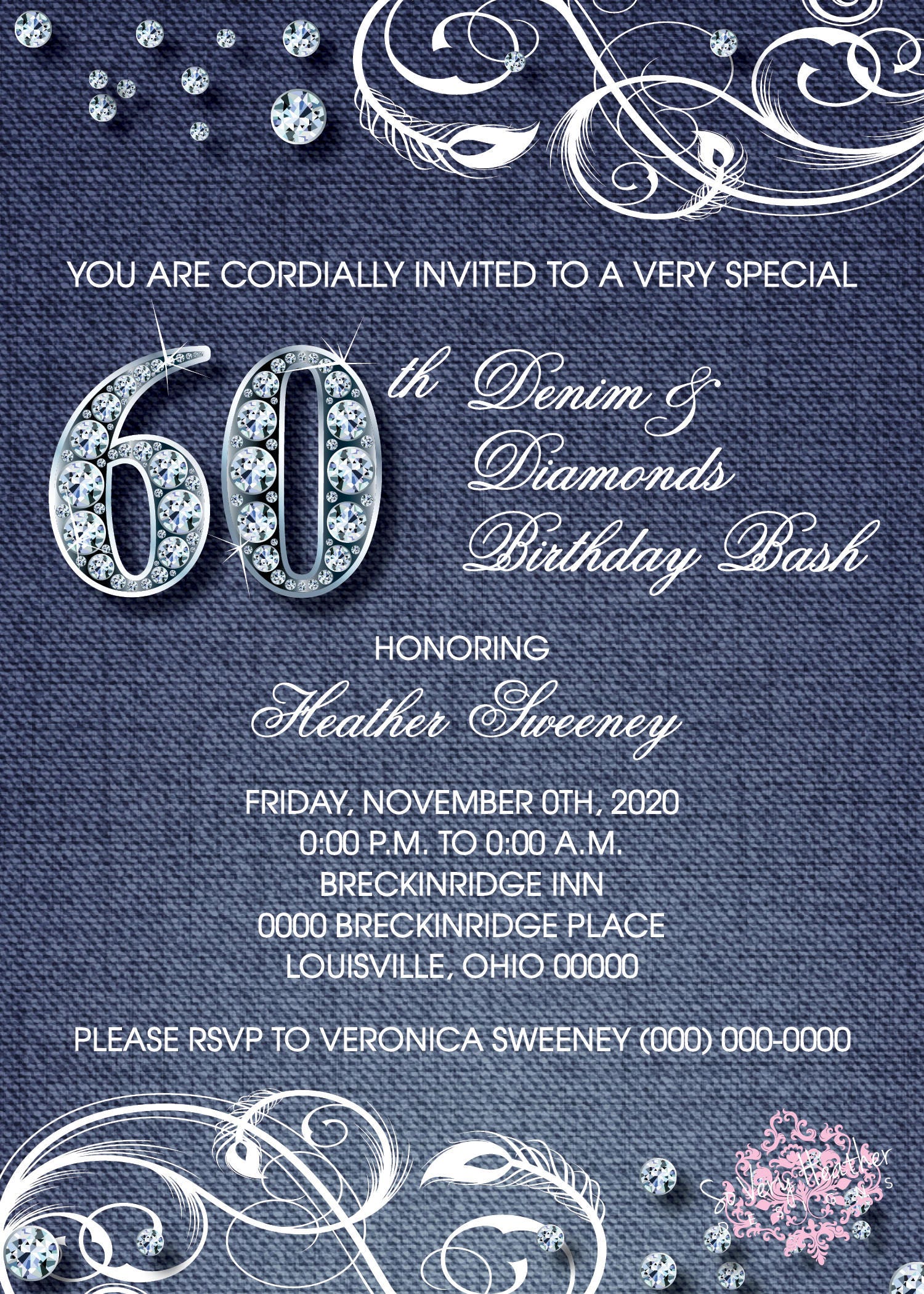 Denim and Diamonds Adult Birthday Party Invitation Digital File OR