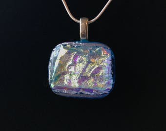 Dichroic silver and blue fused glass pendant
